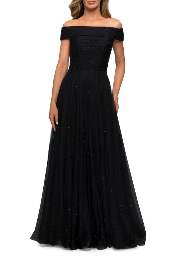ラフェム レディース トップス ワンピース チュール A ライン La Femme Tulle Off the Shoulder Aline Dress with Rhinestones Black