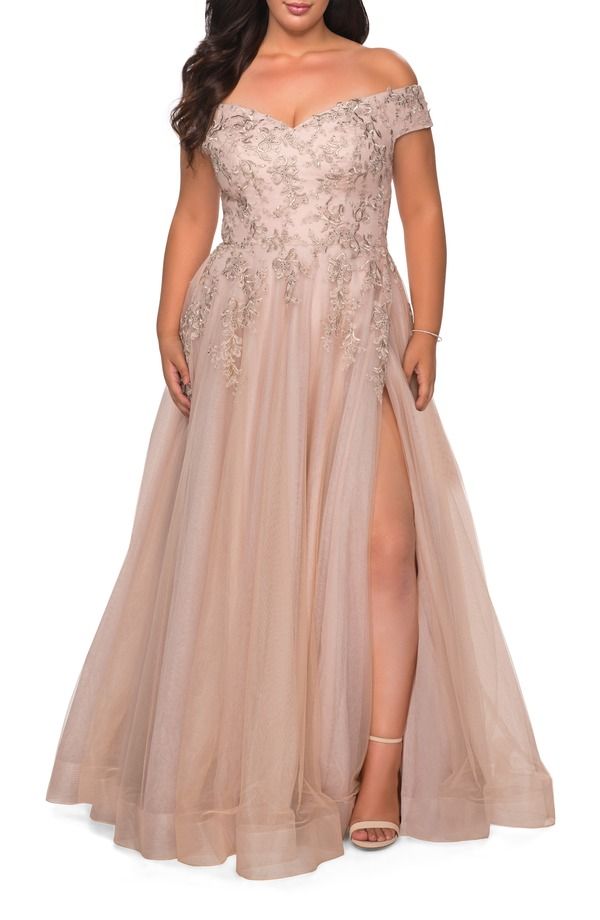 ラフェム レディース トップス ワンピース チュール プラスサイズ レース La Femme Off The Shoulder Tulle Plusize Gown with Lace Champag