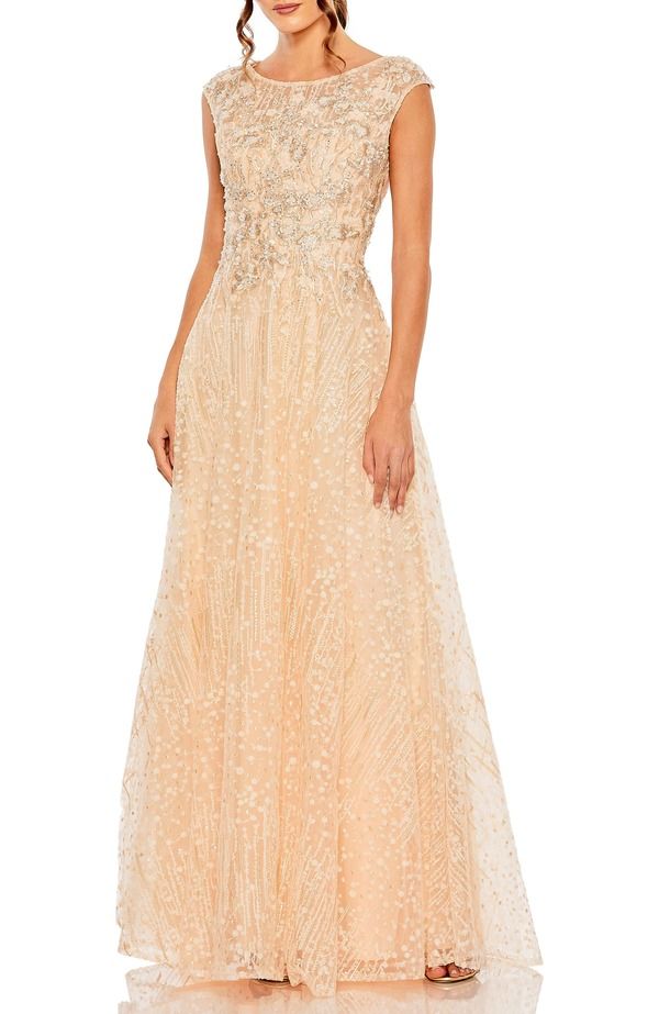 マックダガル レディース トップス ワンピース ハイネック 刺繍 キャップ レース Mac Duggal High Neck Lacembroidered Cap Sleeve Gown Peach