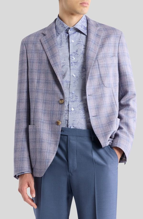 エトロ メンズ アウター ジャケット・ブルゾン ウール シルク コート Etro Plaid Silk Wool Sport Coat Glicine Viola Chiari チェック
