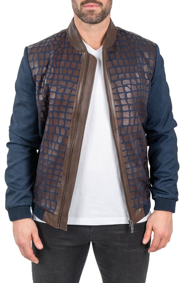 マセオ メンズ アウター ジャケット・ブルゾン レザー Maceoo Mixed Media Leather Jacket Blue ブルー