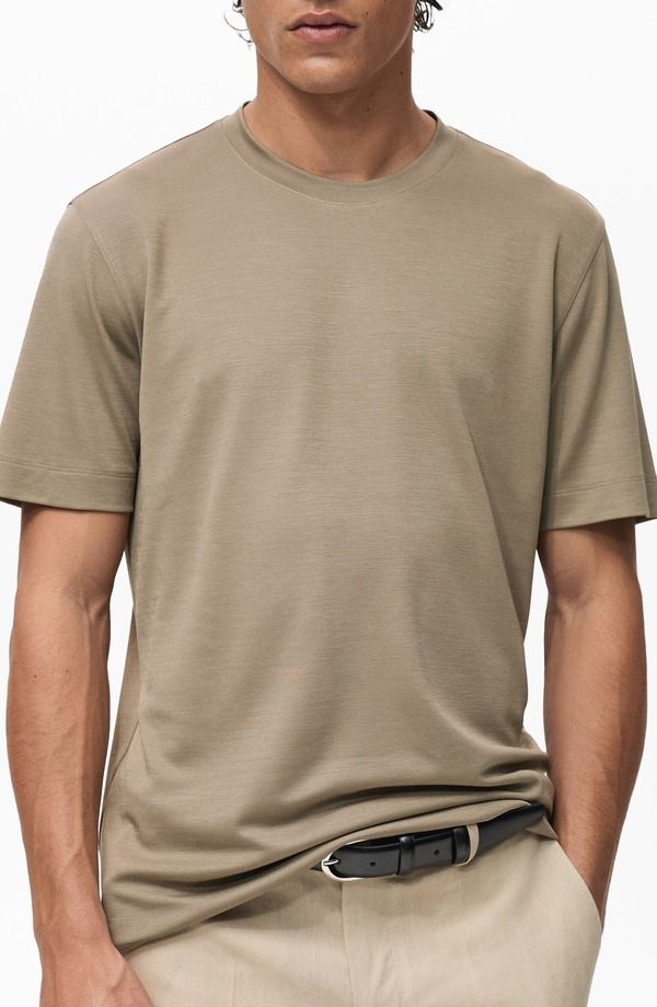 マンゴ メンズ トップス Tシャツ MANGO Lyocell Blend TShirt Mink Grey グレー