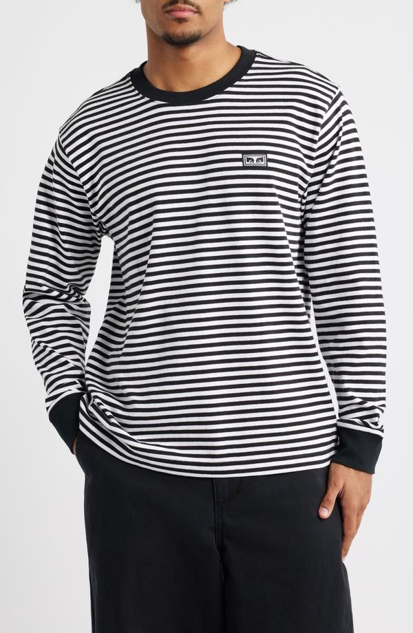 オベイ メンズ トップス Tシャツ コットン Obey Stripe Long Sleeve Cotton TShirt Black Multi ブラック