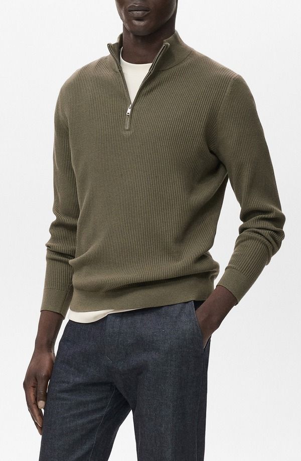 マンゴ メンズ アウター パーカー・スウェット ハーフジップ セーター MANGO Rib Quarter Zip Sweater Olive Green グリーン