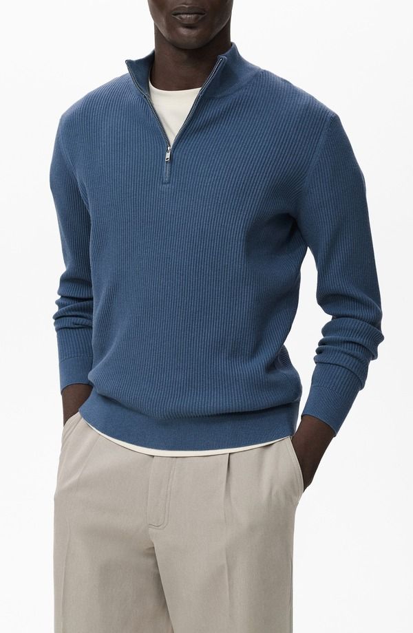 マンゴ メンズ アウター パーカー・スウェット ハーフジップ セーター MANGO Rib Quarter Zip Sweater Indigo Blue インディゴ