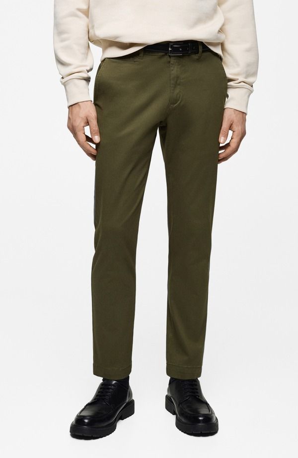 マンゴ メンズ ボトムス カジュアルパンツ スリムフィット コットン MANGO Slim Fit Flat Front Cotton Stretch Twill Chinos Khaki Green