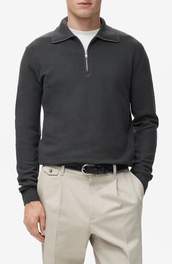 マンゴ メンズ アウター パーカー・スウェット ハーフジップ セーター MANGO Half Zipiqu Sweater Dark Grey グレー