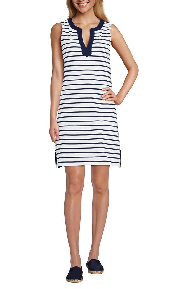 ランズエンド レディース トップス ワンピース コットン ジャージー Lands End Cotton Jersey Notch Neck Dress with Soutache NavyWhite