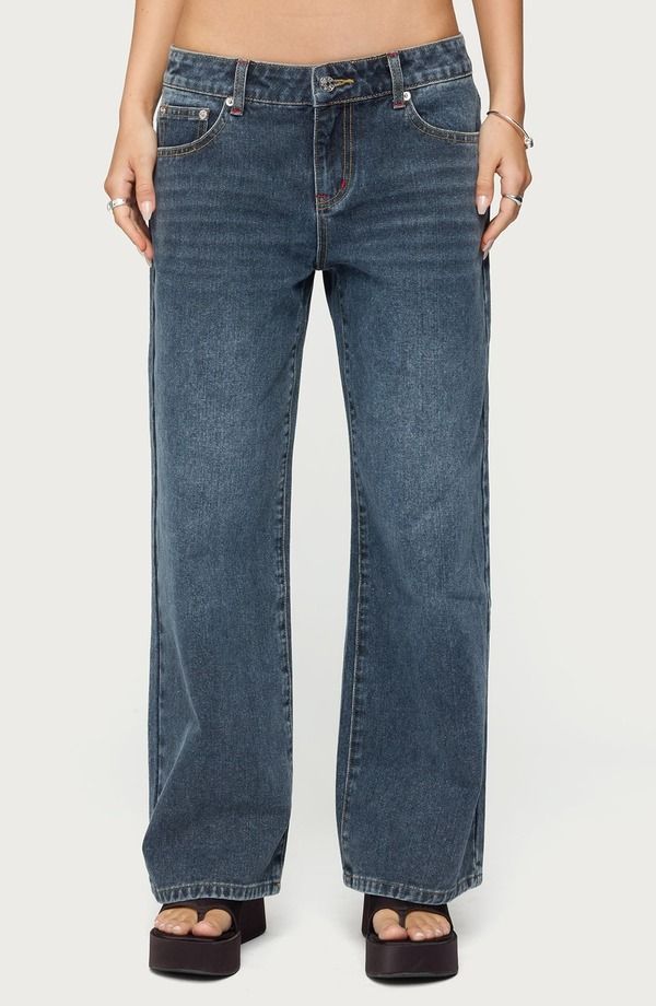 アディクテッド レディース ボトムス デニムパンツ ワイドレッグ ローライズ ジーンズ EDIKTED Ace Relaxed Low Rise Wide Leg Jeans DarkBlue ブルー