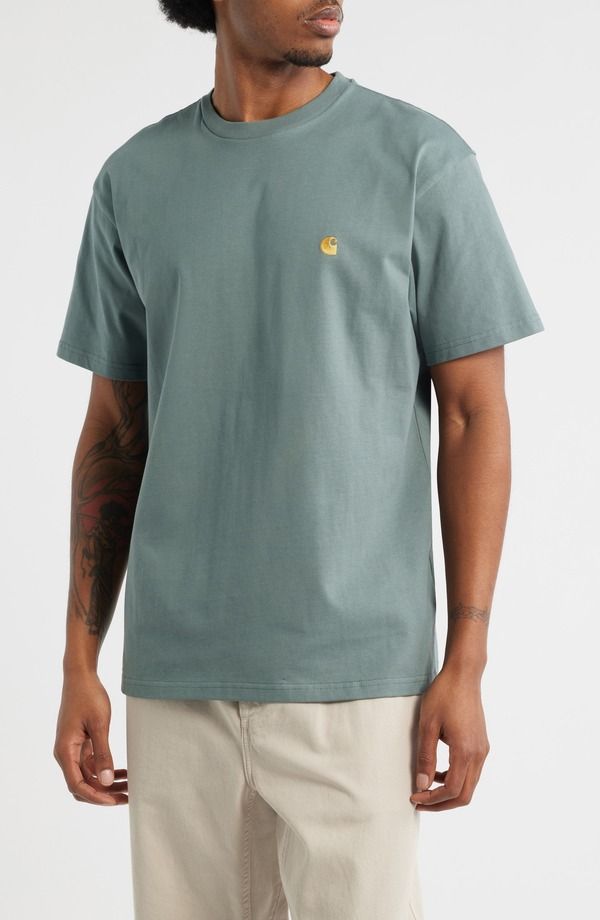 カーハート メンズ トップス Tシャツ クルーネック Carhartt Work In Progress Chase Crewneck TShirt Velvet Green Gold グリーン