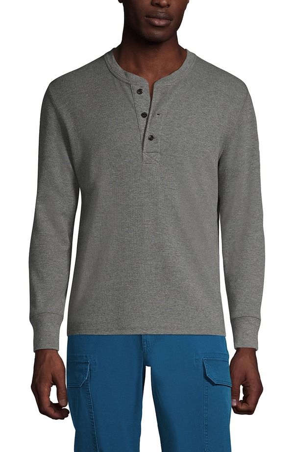ランズエンド メンズ トップス シャツ Lands End Long Sleeve Thermal Waffle Henley Pewter Heather ヘザー