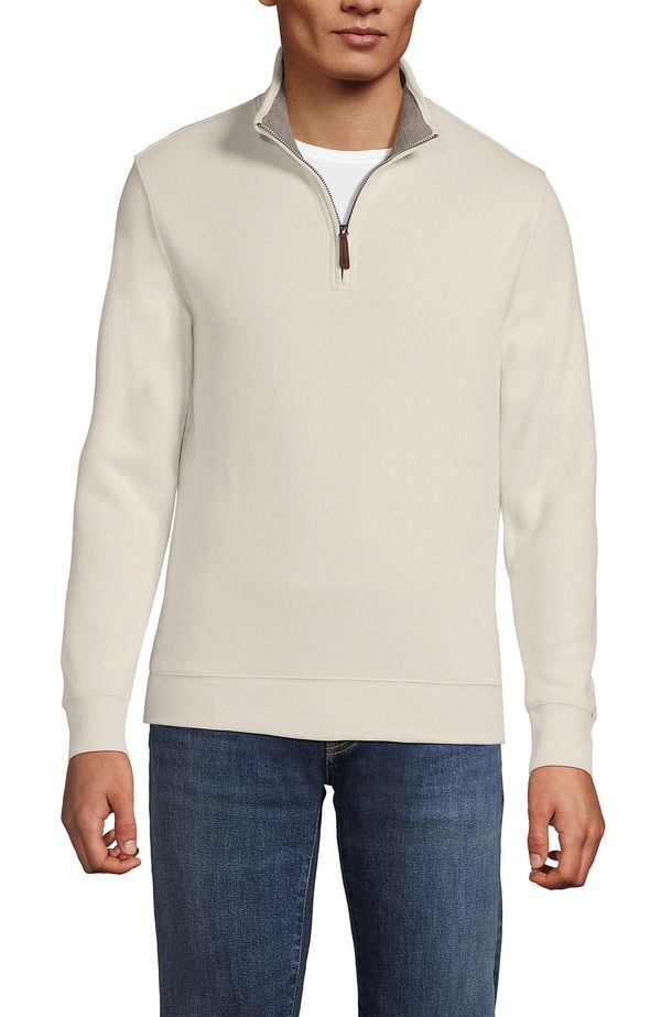 ランズエンド メンズ アウター パーカー・スウェット ハーフジップ セーター Lands End Bedford Rib Quarter Zipullover Sweater Ivory Latte