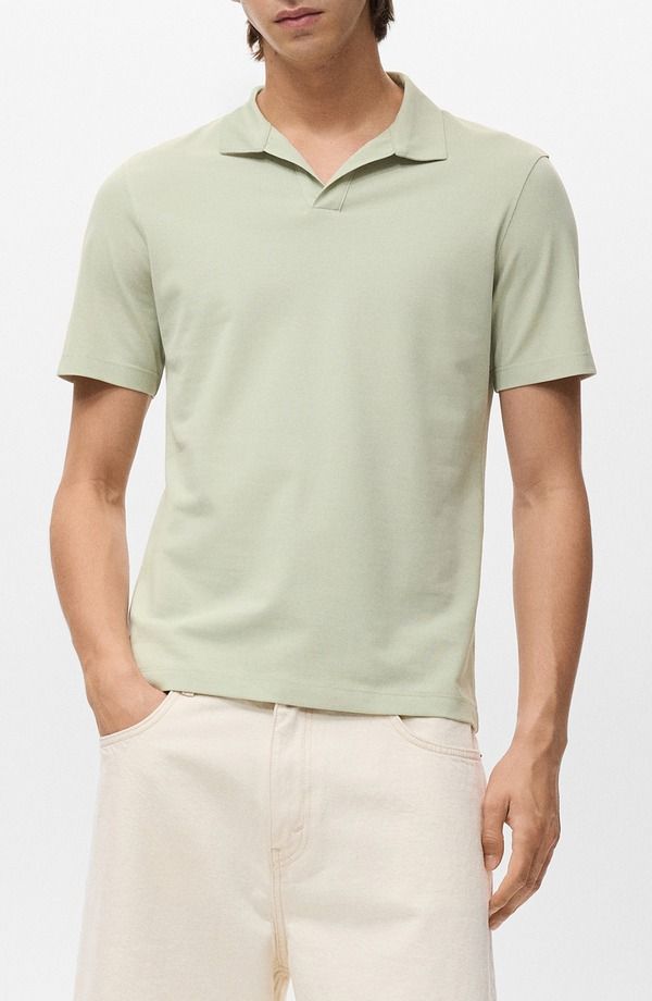 マンゴ メンズ トップス ポロシャツ コットン MANGO Solid Johnny Collar Cotton Blend Piqu Polo Mint Green グリーン