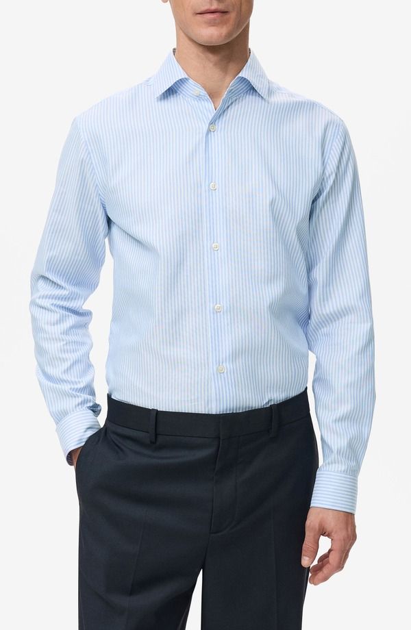 マンゴ メンズ トップス シャツ スリムフィット コットン MANGO Slim Fit Stripe Cotton ButtonUp Shirt Blue ブルー