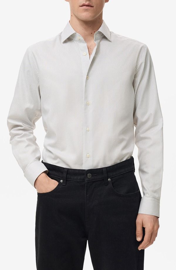 マンゴ メンズ トップス シャツ スリムフィット コットン MANGO Slim Fit Stripe Cotton ButtonUp Shirt Light Heather Grey グレー