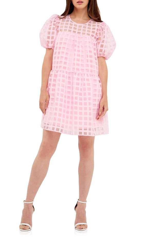 イングリッシュファクトリー レディース トップス ワンピース English Factory Gridded Puff Sleeve Dress Pink ピンク