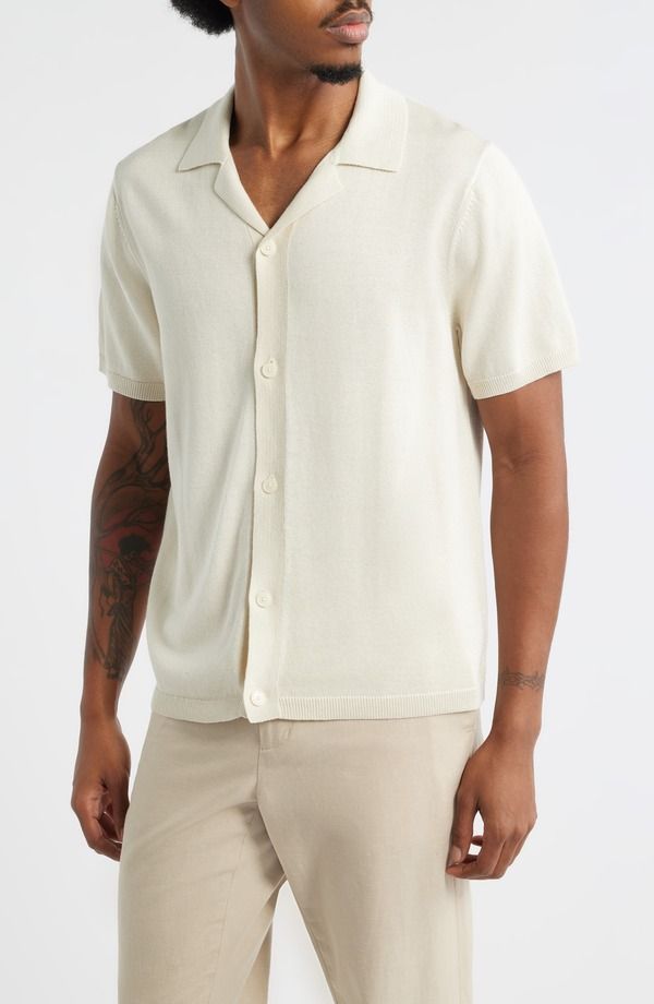 オープンエディット メンズ アウター パーカー・スウェット セーター Open Edit Camp Short Sleeve Button Up Sweater Ivory Dove アイボリー
