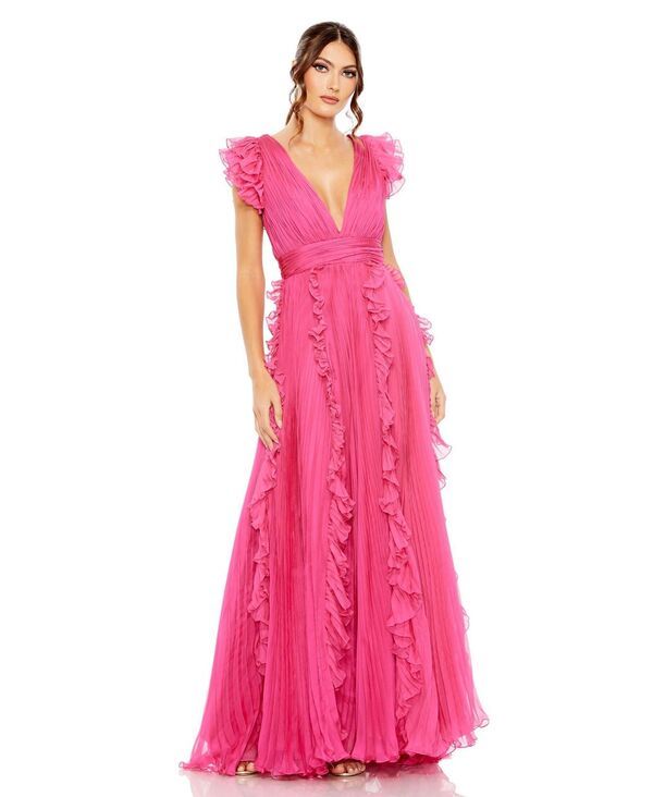 【送料無料】 マックダガル レディース ワンピース トップス Womens Pleated Ruffle Cap Sleeve Flowy A Line Gown Fuchsia