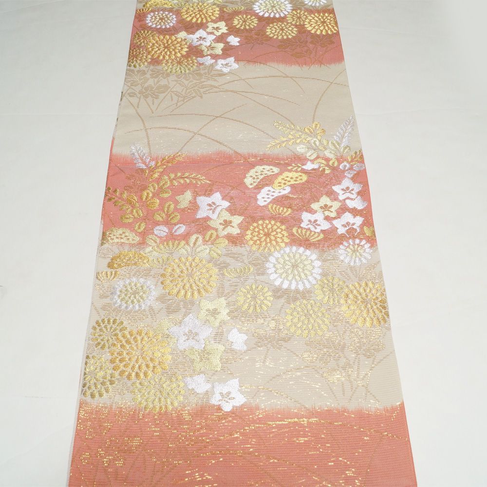 袋帯 夏物 絽 横段ぼかしに秋草模様 金銀糸 生成り色・薄紅色系 帯