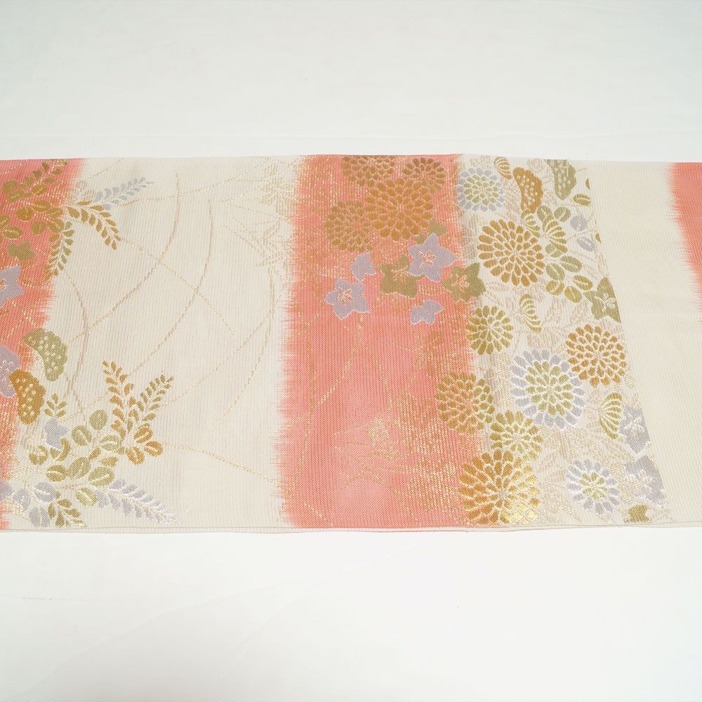 袋帯 夏物 絽 横段ぼかしに秋草模様 金銀糸 生成り色・薄紅色系 帯