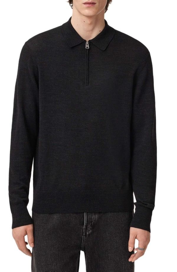 オールセインツ メンズ トップス ポロシャツ ハーフジップ ウール AllSaints Albany Merino Wool Quarter Zipolo Cinder Black ブラック