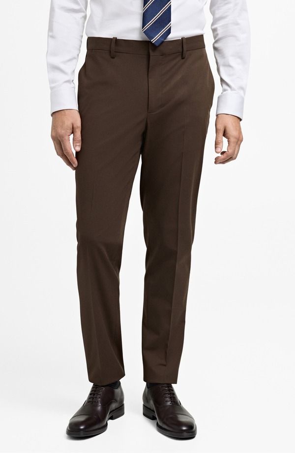 マンゴ メンズ ボトムス カジュアルパンツ スリムフィット MANGO Prince of Wales Check Super Slim Fit Stretch Pants Tobacco Brown