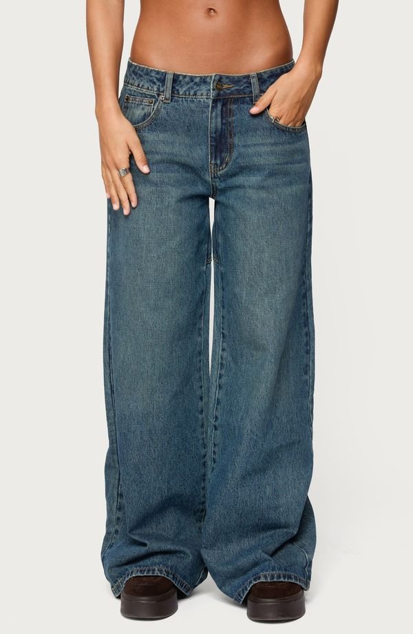 アディクテッド レディース ボトムス デニムパンツ ワイドレッグ ローライズ ジーンズ EDIKTED Heartly Low Rise Wide Leg Jeans BlueWashed ブルー
