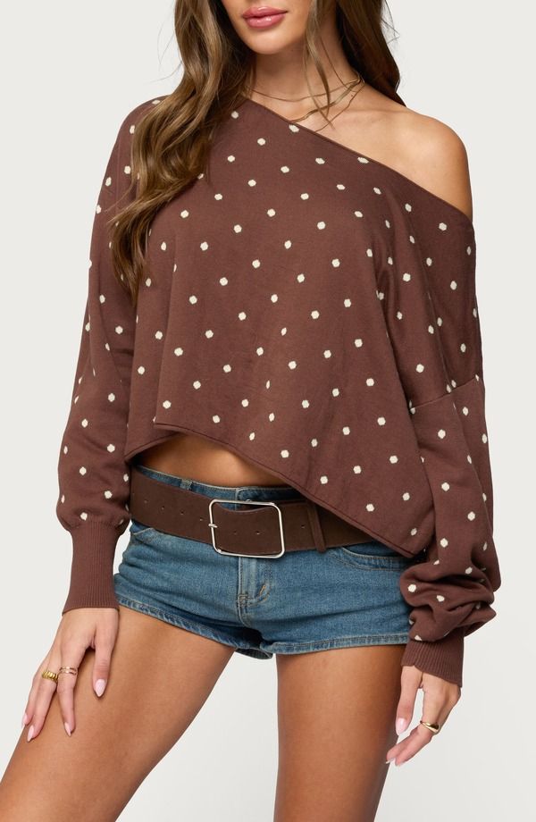 アディクテッド レディース トップス シャツ ドット柄 ドット セーター EDIKTED Oversize Off the Shoulder Polka Dot Sweater Brown ブラウン 13,075円
