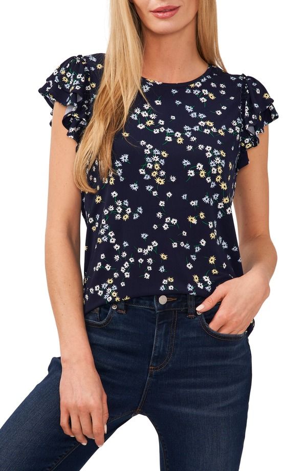 セセ レディース トップス シャツ フラワー柄 プリント フリル フラワー CeCe Floral Print Double Ruffle Sleeve Top Navy J ネイビー