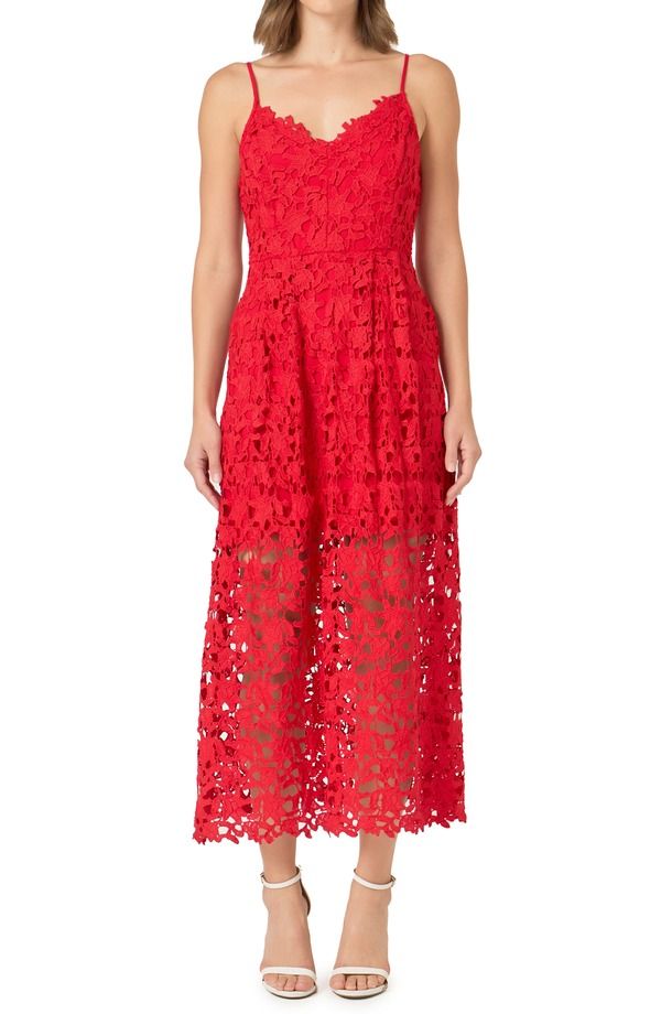 エンドレスローズ レディース トップス ワンピース ミディ レース Endless Rose Lace Spaghetti Strap Midi Dress Red レッド