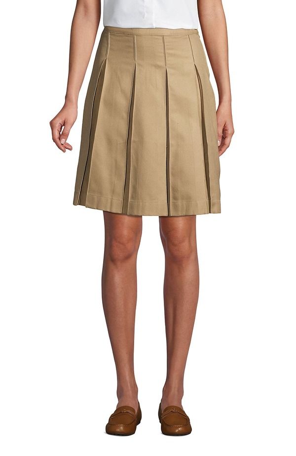 ランズエンド レディース ボトムスカート Lands End School Uniform Solid Box Pleat Skirtop of Knee Khaki カーキ