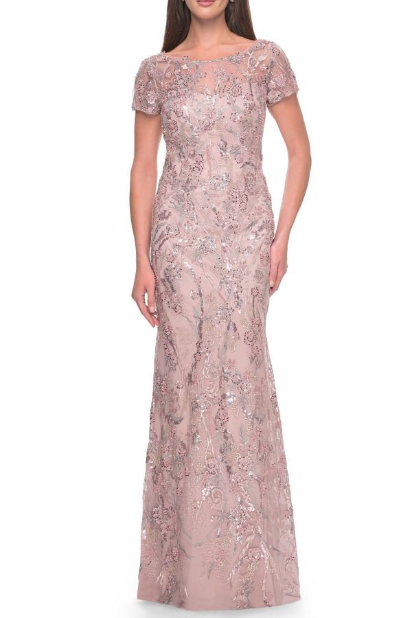 ラフェム レディース トップス ワンピース レース La Femme Stunning Beaded Laceveningown with Short Sleeves Mauve 74,140円