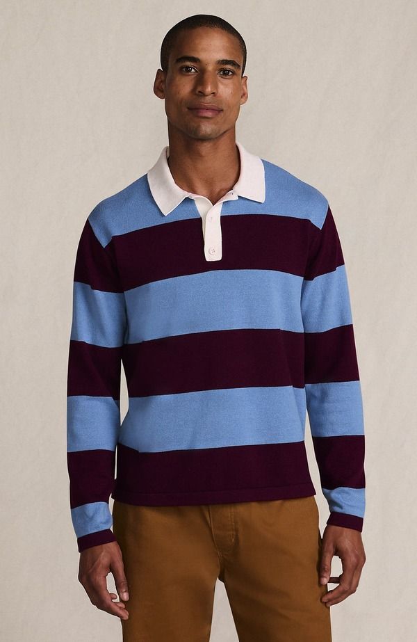 ランズエンド メンズ トップス ポロシャツ セーター コットン Lands End Long Sleeve Cotton Rugby Sweater Polo BurgundyPersian Blue
