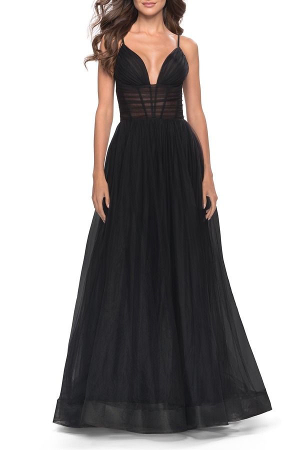 ラフェム レディース トップス ワンピース チュール A ライン La Femme ALine Tulle Gown with Illusion Bodice and Boning Black ブラッ
