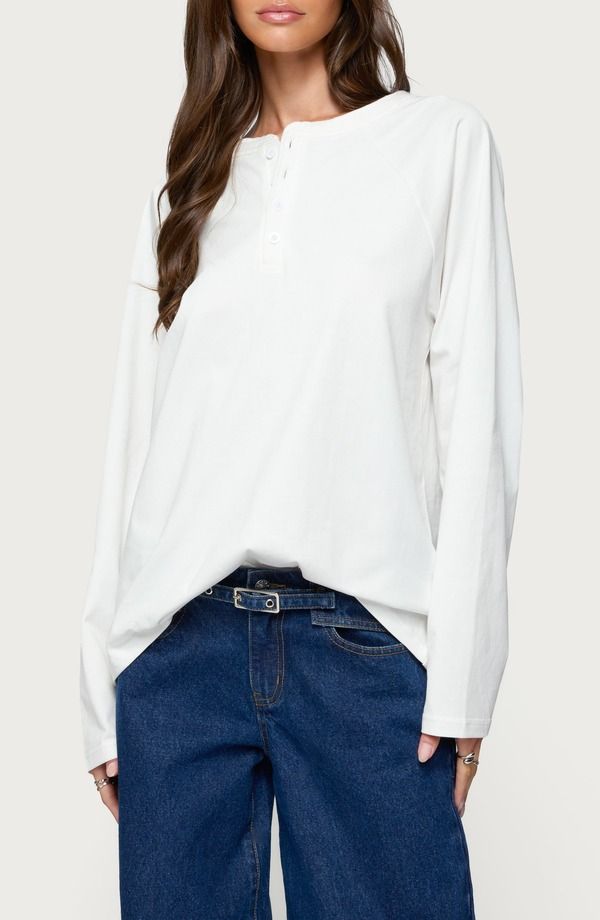 アディクテッド レディース トップス シャツ コットン EDIKTED Cyrus Oversize Cotton Henley White ホワイト