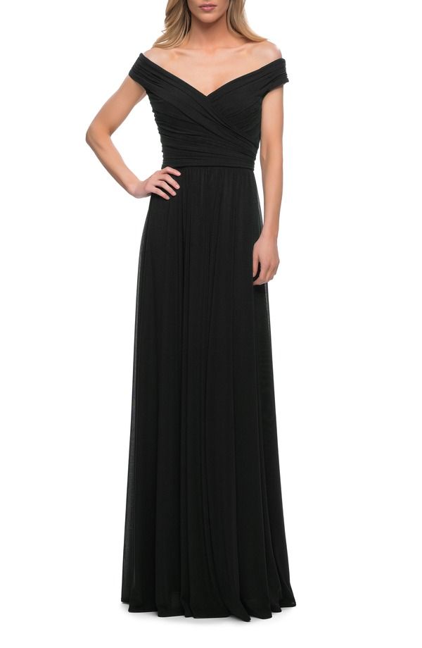 ラフェム レディース トップス ワンピース ジャージー La Femme Off the Shoulder Net Jersey Long Dress with Ruching Black ブラック