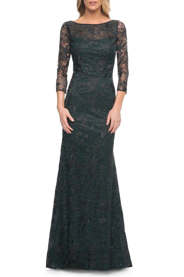ラフェム レディース トップス ワンピース レース La Femme Long Fitted Lace Gown withigh Neckline and Sleeves Dark Emerald エ 64,790円