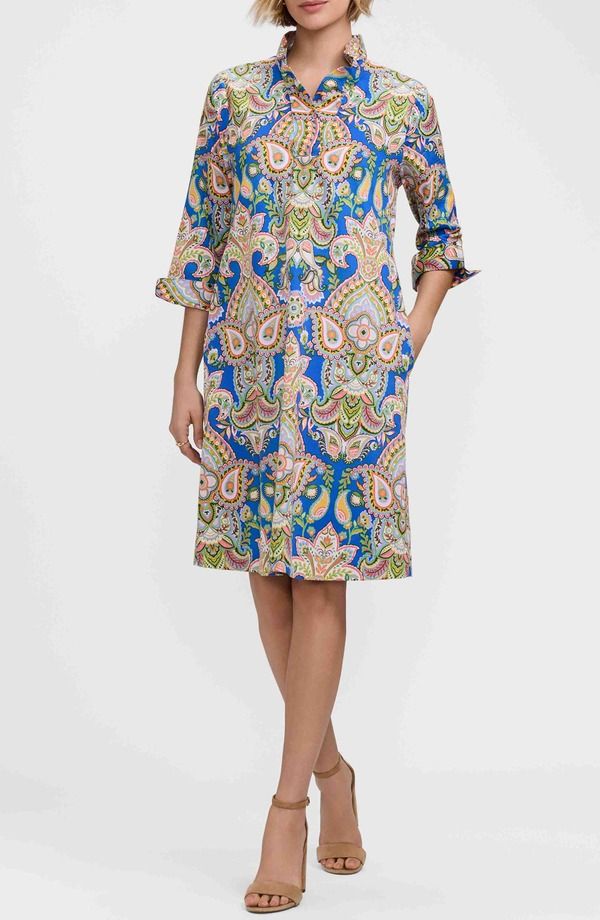 フォックスクラフト レディース トップス ワンピース コットン Foxcroftammy ThreeQuarter Sleeve Cotton Dress Blue Multi ブルー