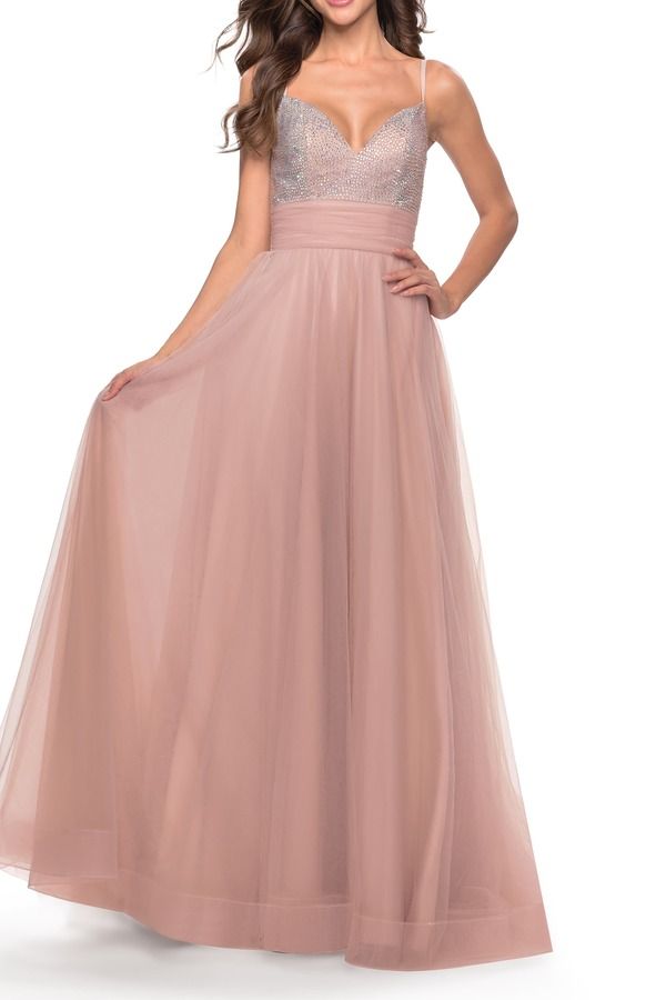 ラフェム レディース トップス ワンピース チュール スカート La Femme Tulle Gown with Full Skirt and Rhinestone Bodice Dusty Mauv