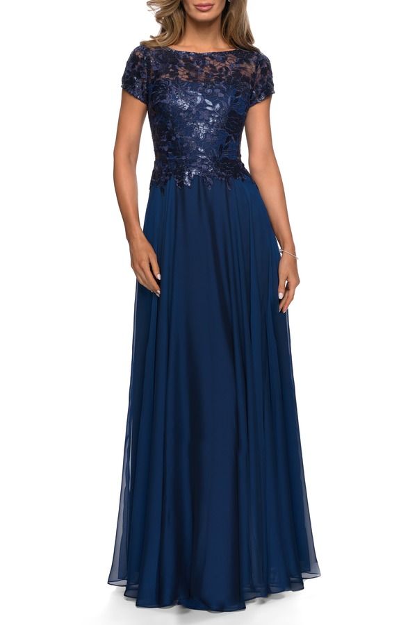 ラフェム レディース トップス ワンピース シフォン トール スカート レース La Femme Short Sleeve Metallic Lacevening Dress with Chiffon