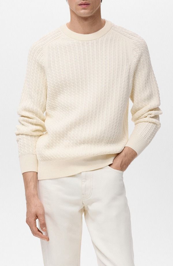 マンゴ メンズ アウター パーカー・スウェット クルーネック セーター コットン MANGO Cabled Cotton Crewneck Sweater Off White オフホワイト