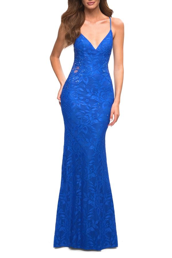 ラフェム レディース トップス ワンピース レース La Femme Lace Prom Dress with Illusion Embellished Sides Royal Blue ブルー