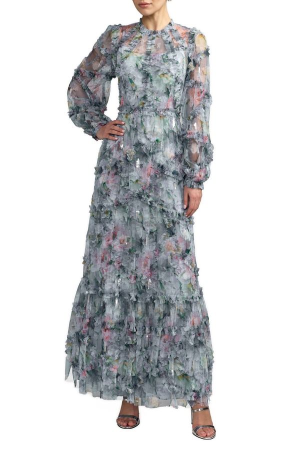 マックダガル レディース トップス ワンピース ハイネック フラワー柄 フリル フラワー Mac Duggal Floralong Sleeve High Neck Ruffle Detail Gow