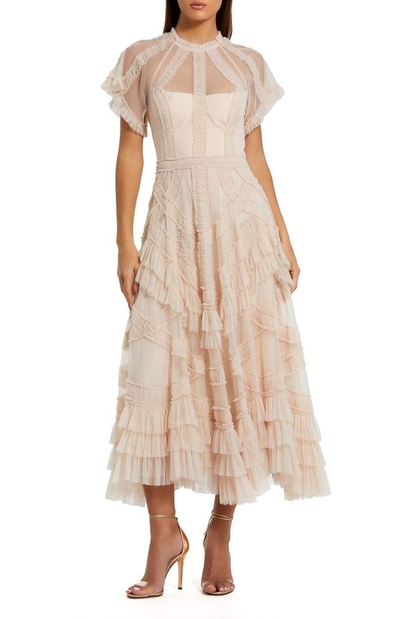 マックダガル レディース トップス ワンピース フリル メッシュ ミディ Mac Duggal Flutter Sleeve Micro Ruffle Mesh Midi Dress Blush ブラ