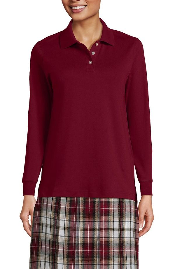 ランズエンド メンズ トップス ポロシャツ Lands End School Uniform Long Sleeve Interlock Polo Shirt Garnet