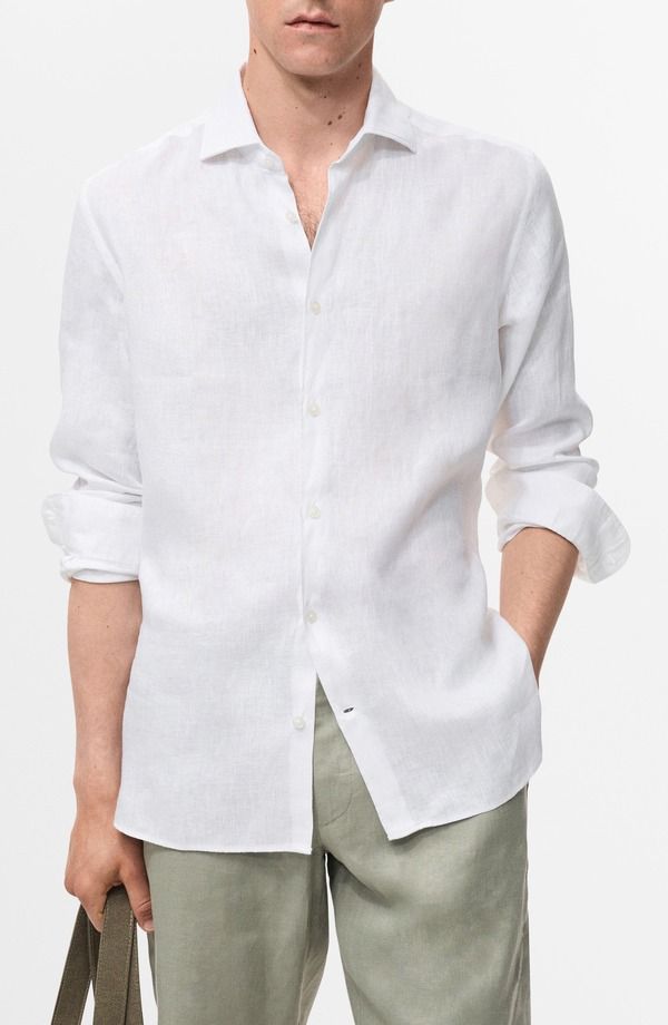 マンゴ メンズ トップス シャツ スリムフィット リネン MANGO Slim Fit Linen ButtonUp Shirt White ホワイト