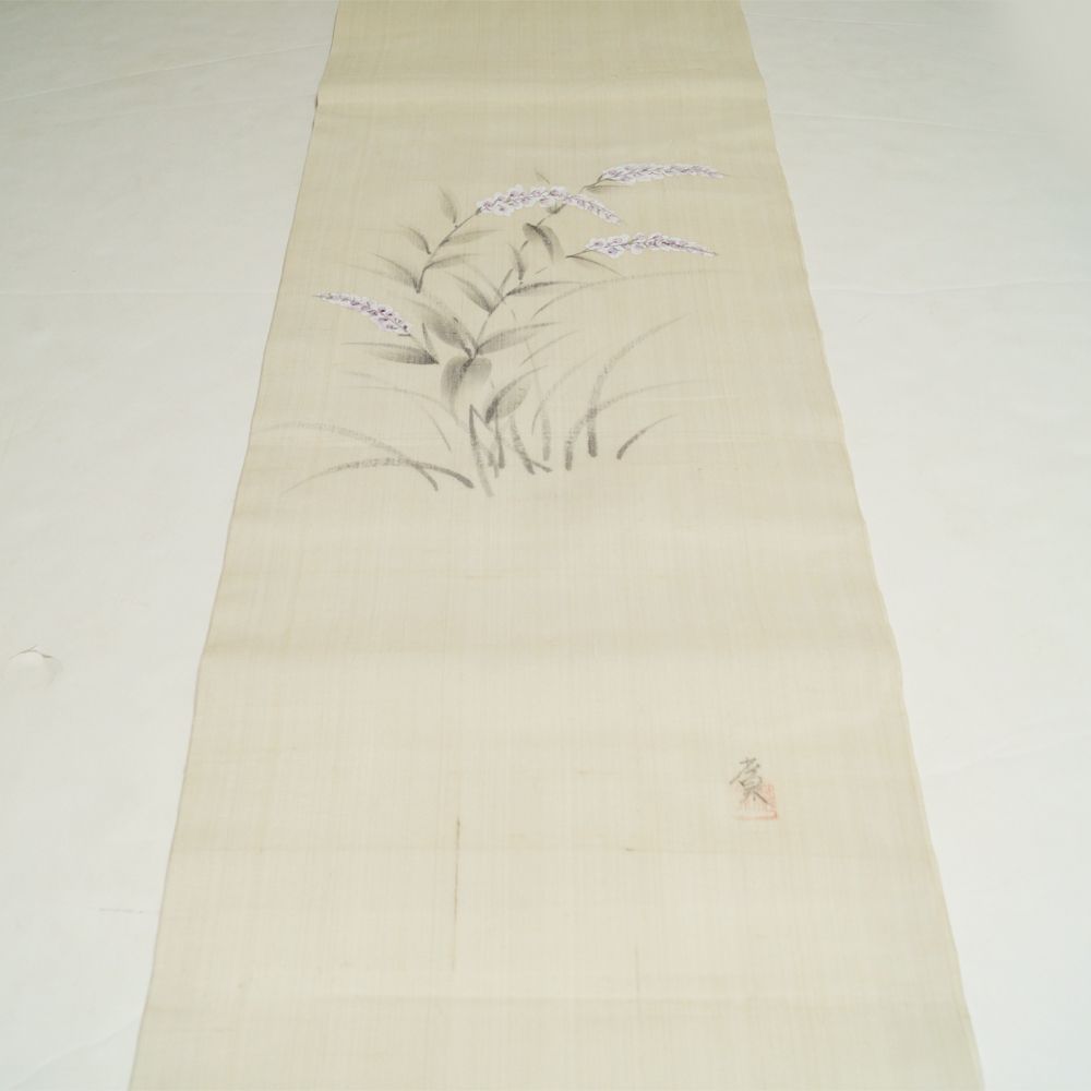 夏物 開き名古屋帯 紗 絹芭蕉 作家物 落款有り 蓼模様 正絹 生成り色系