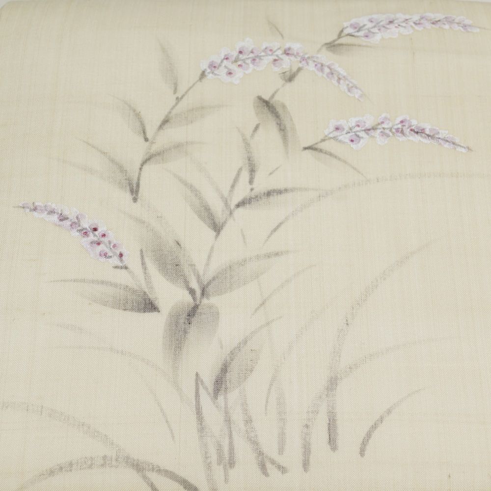 M*o様 夏物　紗　名古屋帯　絹芭蕉　正絹　中古　グレー　【mm503】 夏物 開き名古屋帯 紗 絹芭蕉 作家物 落款有り 蓼模様 正絹 生成り色系