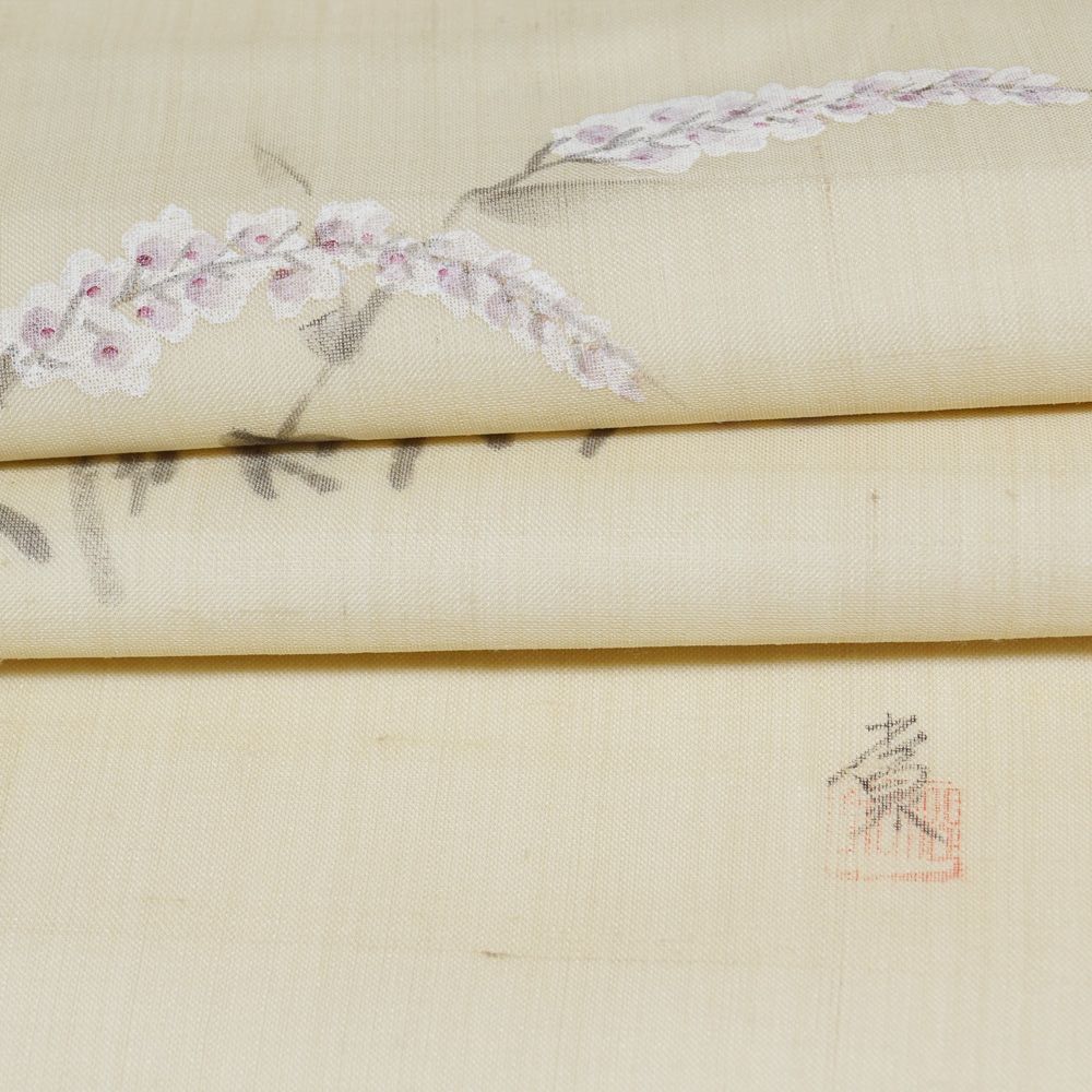 夏物 開き名古屋帯 紗 絹芭蕉 作家物 落款有り 蓼模様 正絹 生成り色系