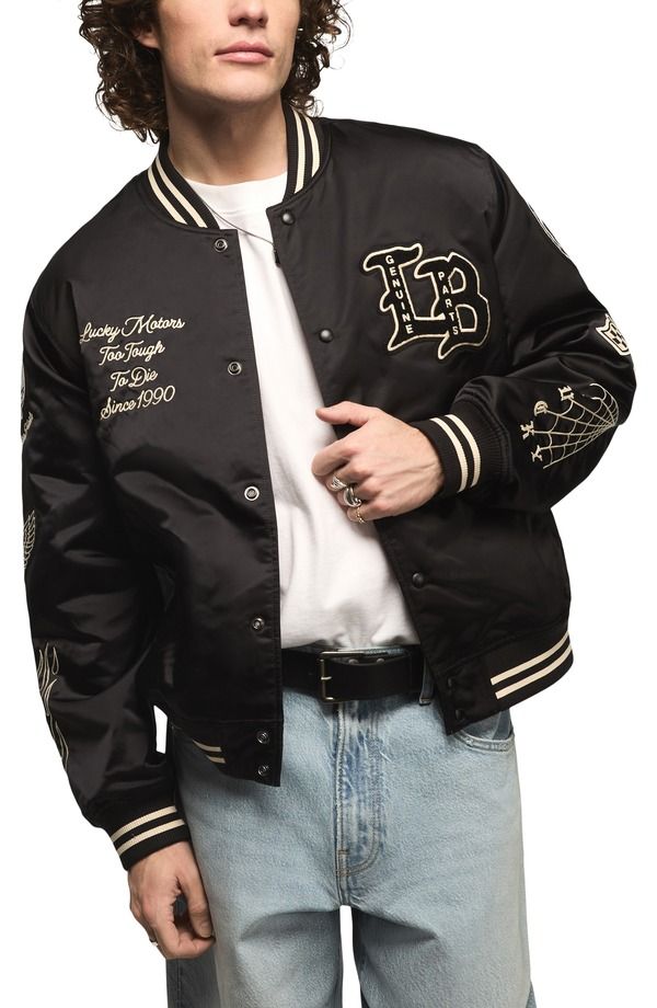 ラッキーブランド メンズ アウター ジャケット・ブルゾン サテン Lucky Brand Satin Varsity Jacket Jet Black ブラック